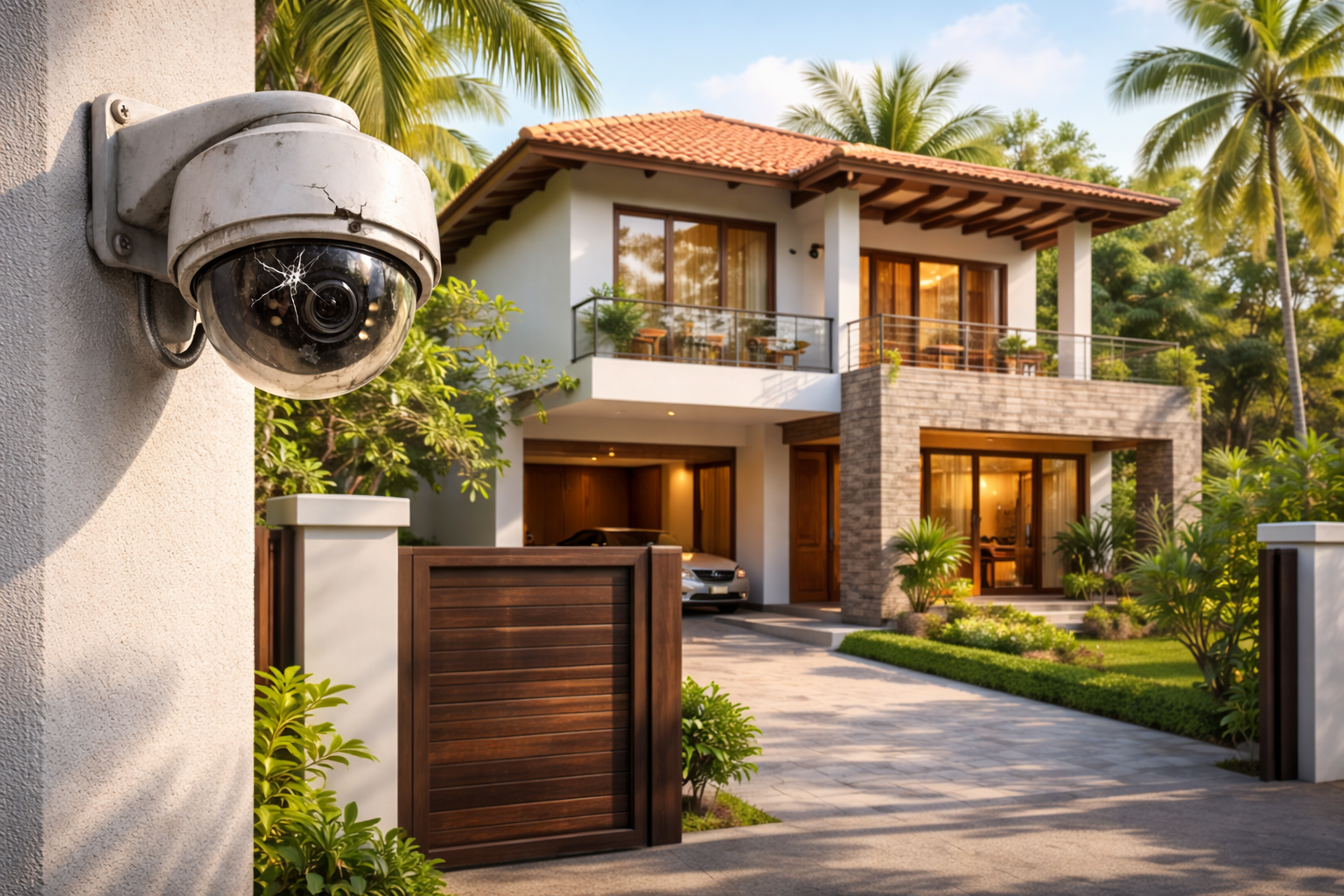 Modern Sri Lankan two-storey house with CCTV camera installed near front gate for home security