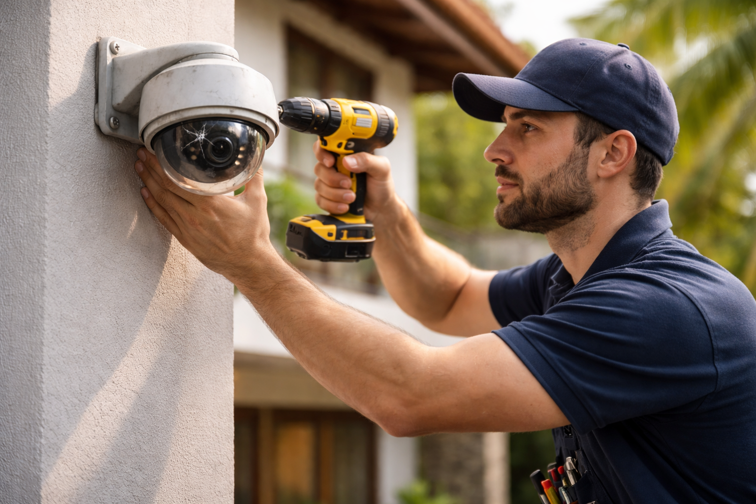 Technician installing CCTV camera on exterior wall of residential house