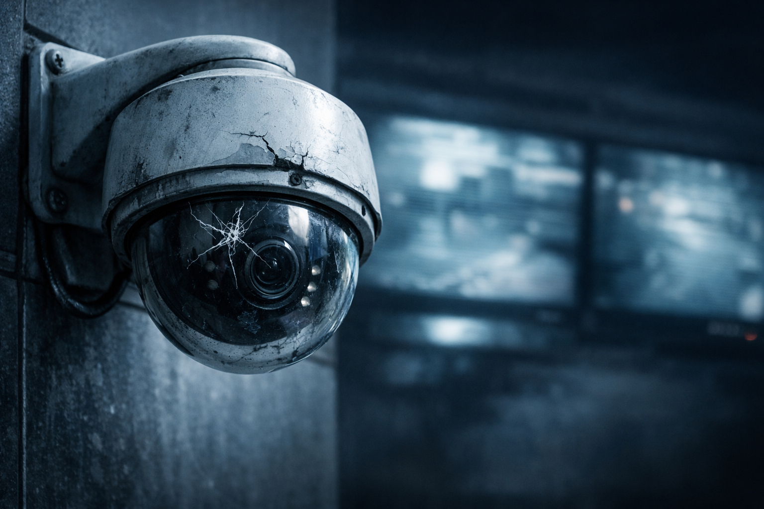Damaged CCTV camera on building wall showing signs of wear needing professional repair