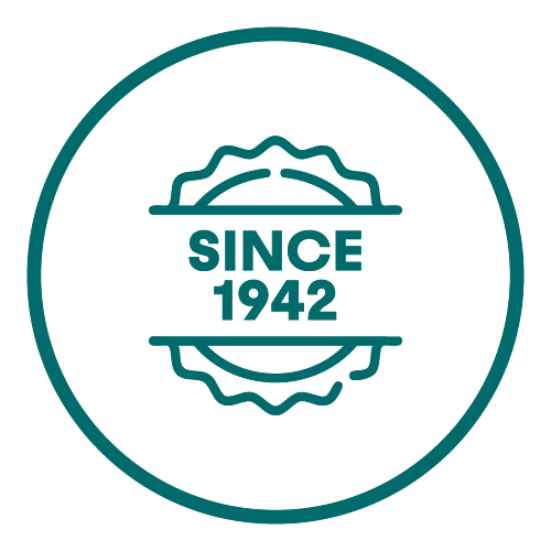 Circular emblem with text 'SINCE 1942' centered inside a stylized gear shape and enclosed in a thin circle.