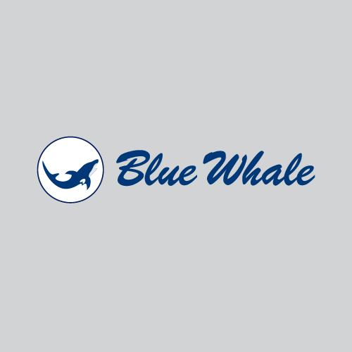 Blue Whale logo featuring a stylized blue whale silhouette inside a circle next to the text 'Blue Whale' in blue cursive font.