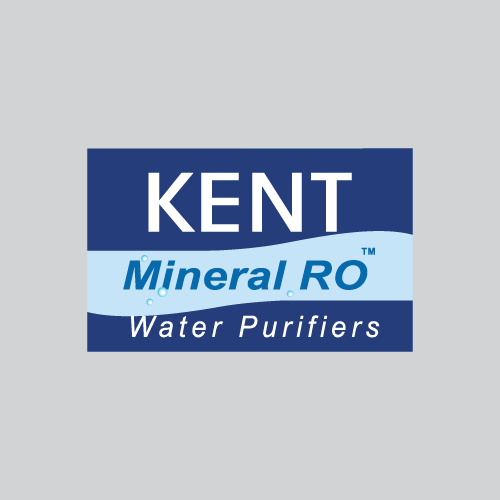 Kent Mineral RO Water Purifiers logo with blue and light blue background and water bubble accents.