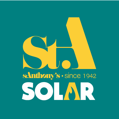 Logo of St. Anthony's Solar with the text 'St. Anthony's since 1942' and 'SOLAR' in bold, featuring a yellow flame inside the letter A.