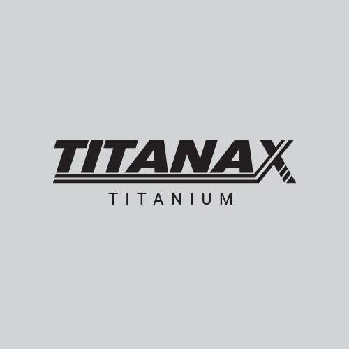Titanax Titanium logo with bold black text and stylized letter X on gray background.