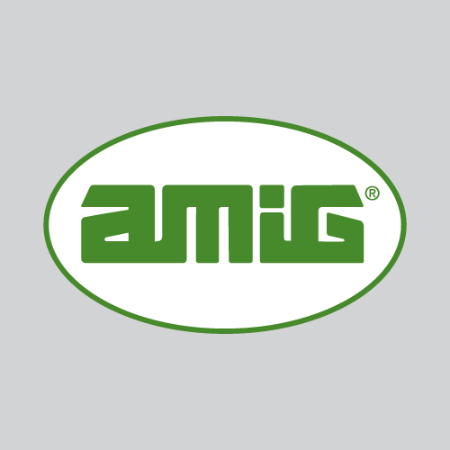 AMIG brand logo in green letters inside a green-outlined white oval on a gray background.