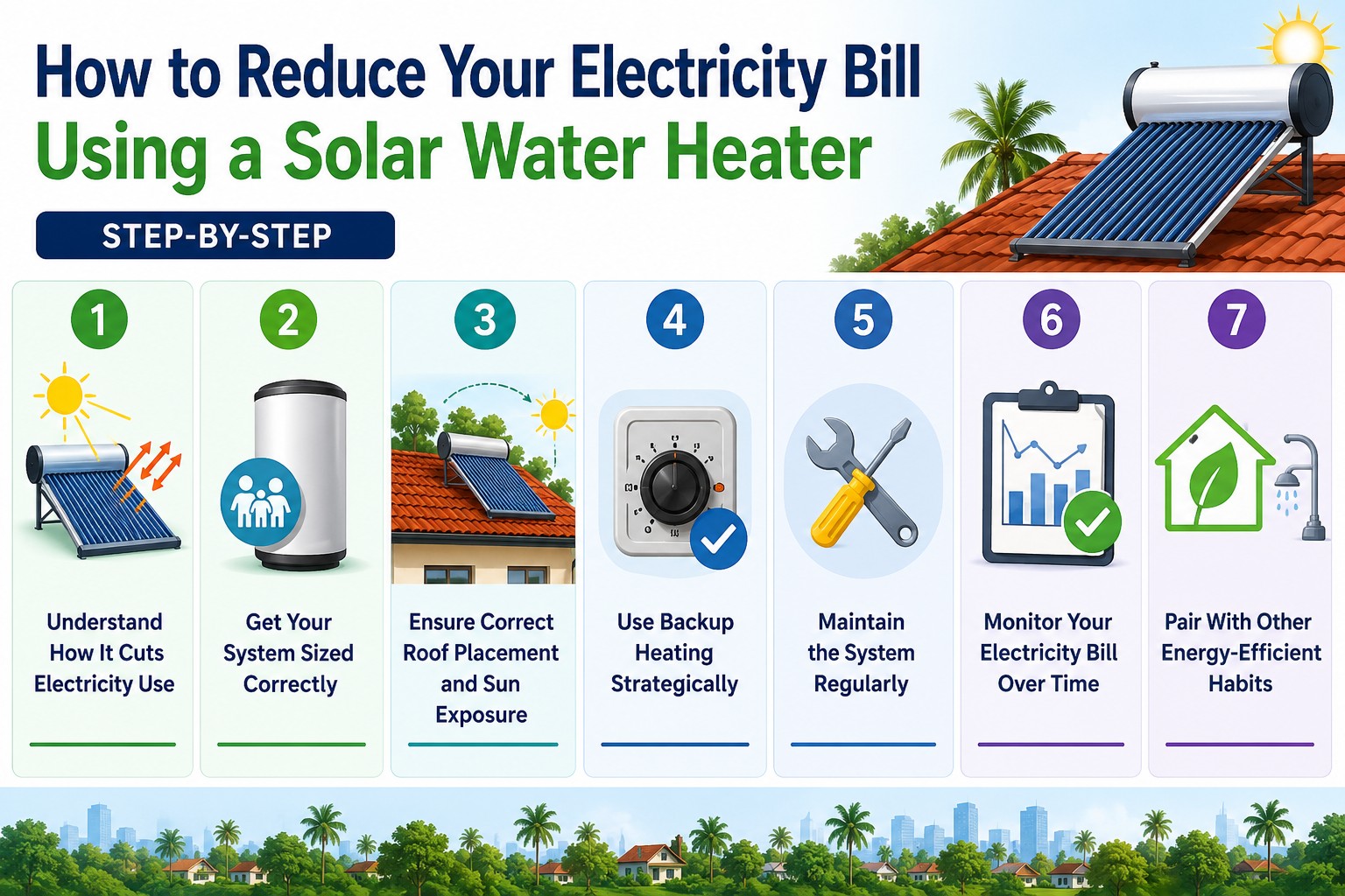 Landscape infographic showing seven steps to reduce electricity bills using a solar water heater, including sizing, roof placement, backup heating, maintenance, and bill monitoring.