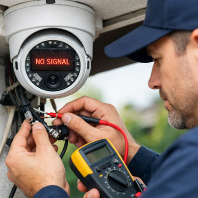 Technician troubleshooting a CCTV camera not working