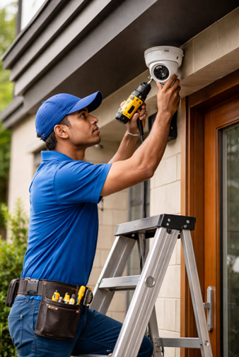  Technician installing CCTV camera at house entrance for home security in Sri Lanka