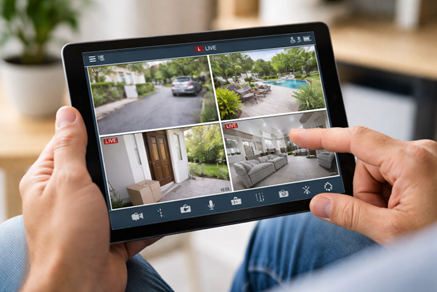 Homeowner monitoring CCTV security system remotely via mobile app