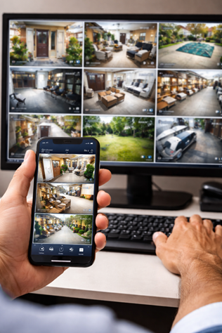 Remote CCTV monitoring system showing multiple security camera feeds on screen and mobile phone
