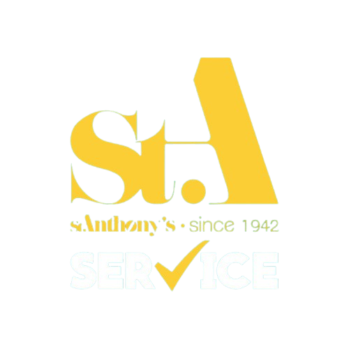 St. Anthony's Service logo in yellow and white text with a checkmark inside the word SERVICE on a black background.