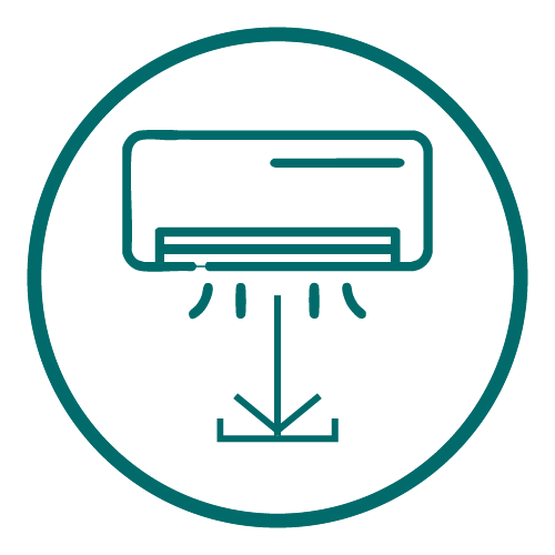 Icon of an air conditioner unit with cooling air flowing downward inside a circle.