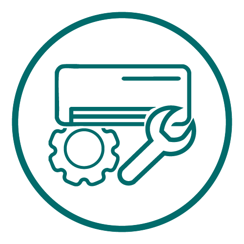 Icon of an air conditioner with a gear and wrench symbolizing AC maintenance or repair.