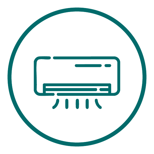 Line icon of a wall-mounted air conditioner with airflow lines inside a circle.