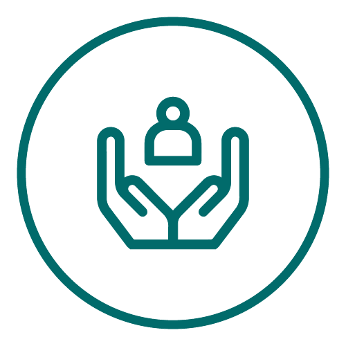 Icon of two hands cupped around a person figure inside a circle, symbolizing support or care.