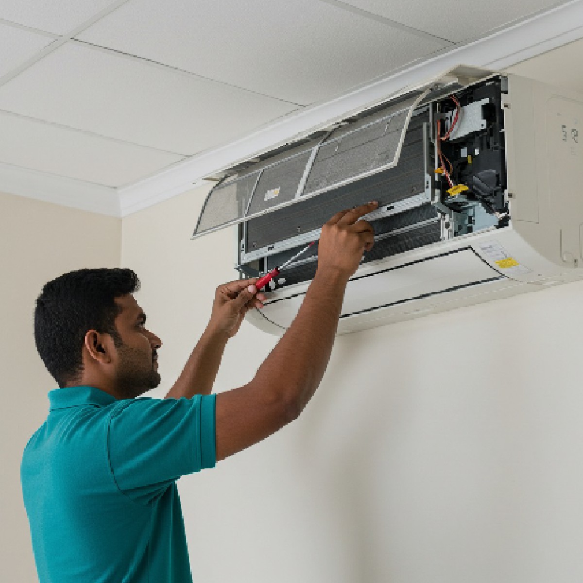 Technician in teal shirt repairing a wall-mounted air conditioner with a screwdriver.