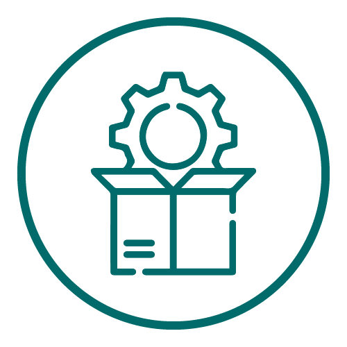 Icon of an open box with a gear above it inside a circle, representing an all-in-one solution.