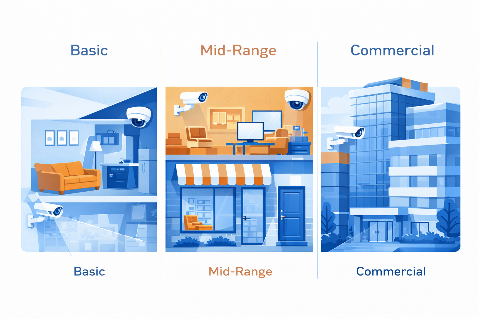 Comparison of basic, mid-range, and commercial CCTV camera setups for different property types