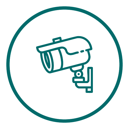 Outline icon of a security CCTV camera inside a circular border.