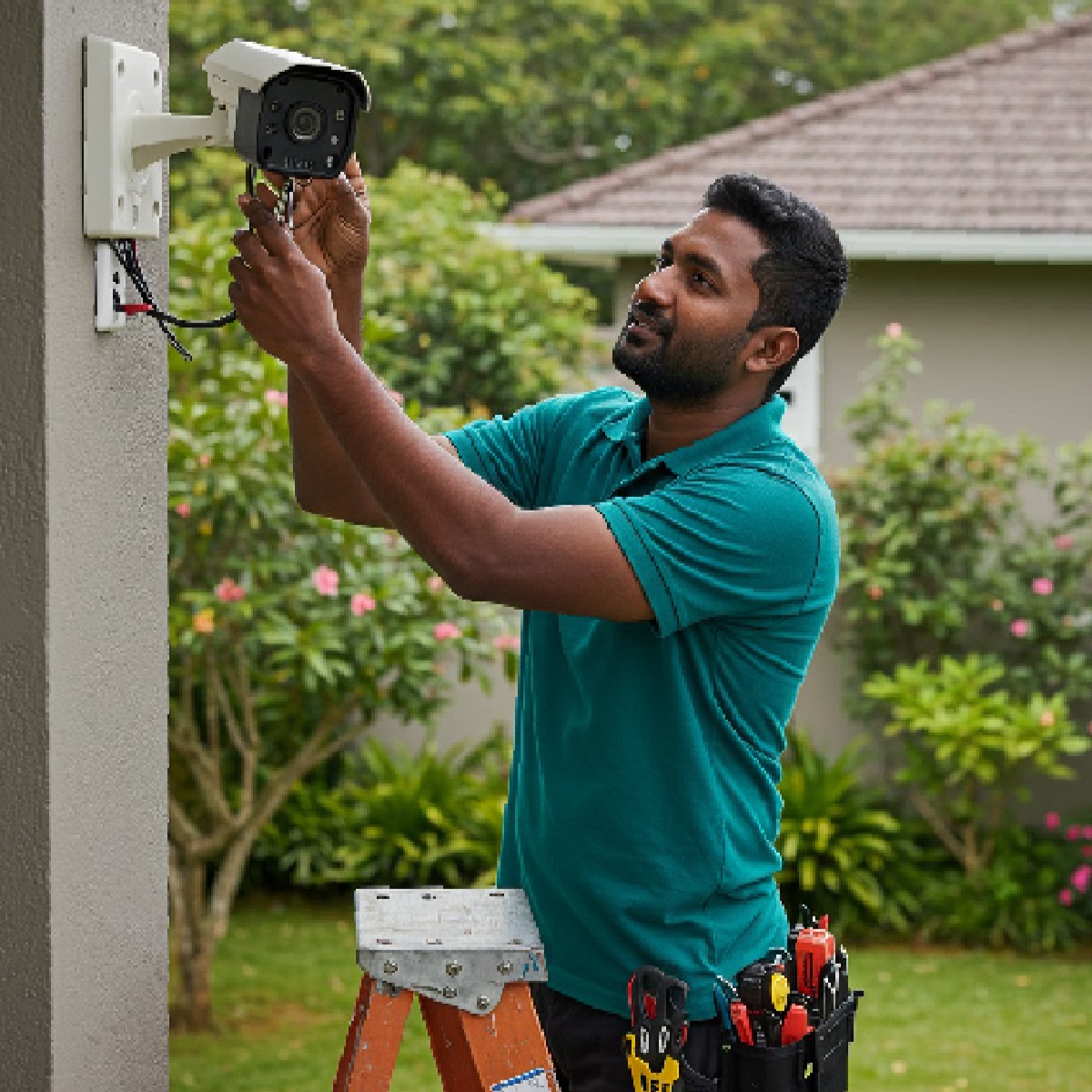 Technician in teal shirt installing an outdoor security camera on a house wall using a ladder.