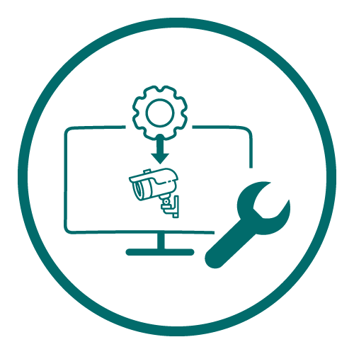 Icon depicting CCTV camera maintenance with a monitor, gear, and wrench inside a circle.