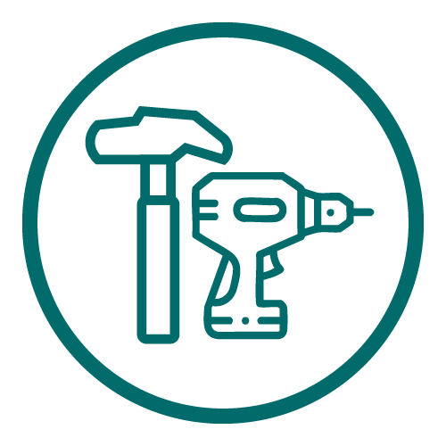 Icon of a hammer and electric drill inside a circular border.