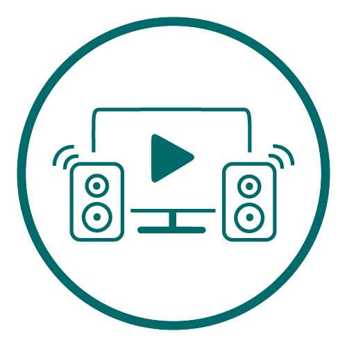 Icon of a monitor with a play button flanked by two speakers emitting sound waves inside a circular border.