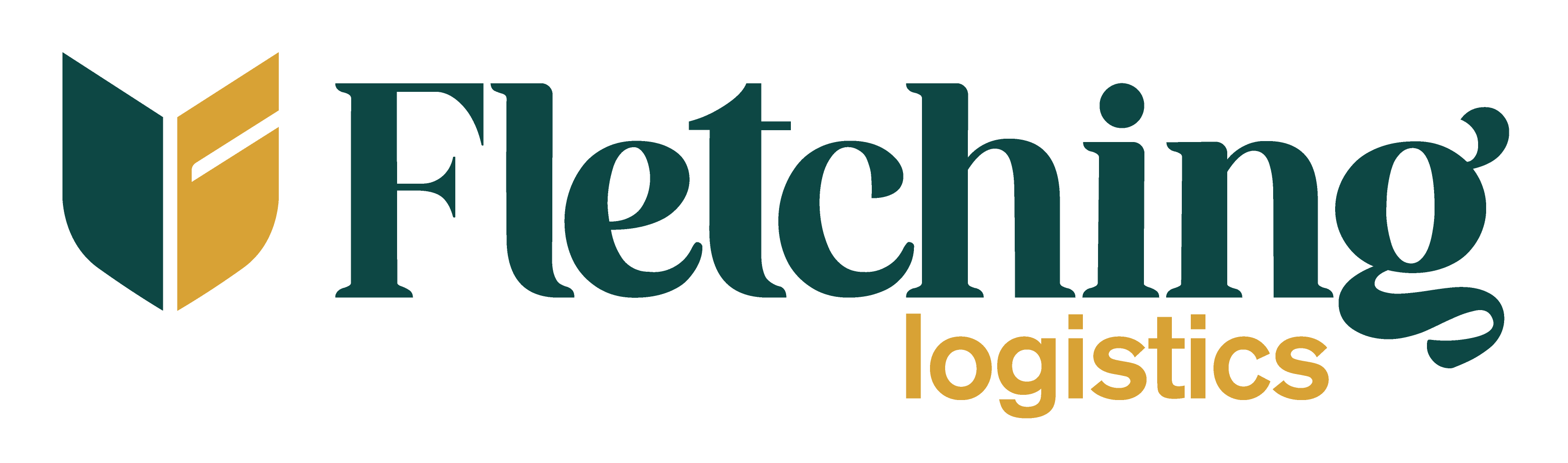 Fletching Logistics logo featuring a stylized shield icon and the company name in dark teal and gold text.