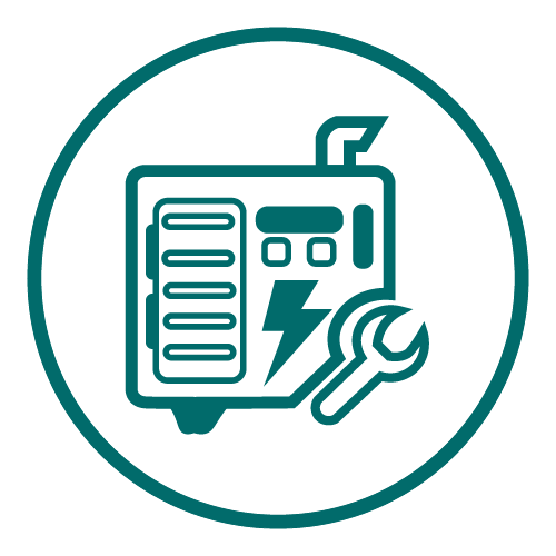 Icon of a generator with a lightning bolt and wrench inside a circular border, symbolizing generator repair.