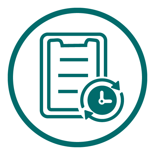Icon of a clipboard with checkmarks next to a clock surrounded by circular arrows, representing time management or scheduled tasks.