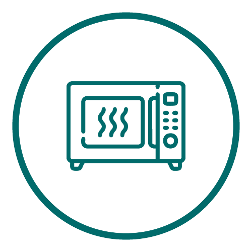 Icon of a microwave oven with heat waves inside, enclosed in a circular border.