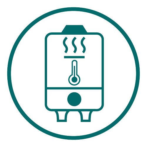 Icon of a water heater with a thermometer and steam rising above it, enclosed in a circle.