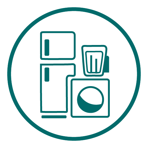 Icon showing a refrigerator, washing machine, and blender inside a circle outline.