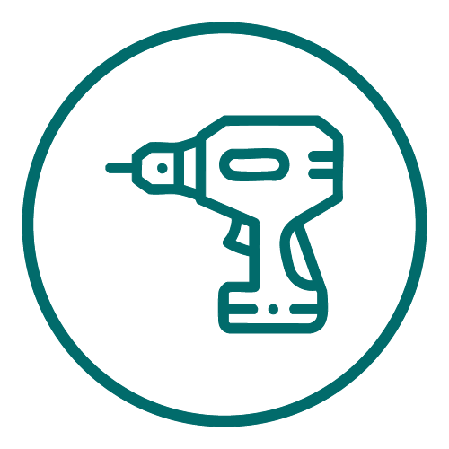Blue outlined icon of a cordless drill inside a circle.