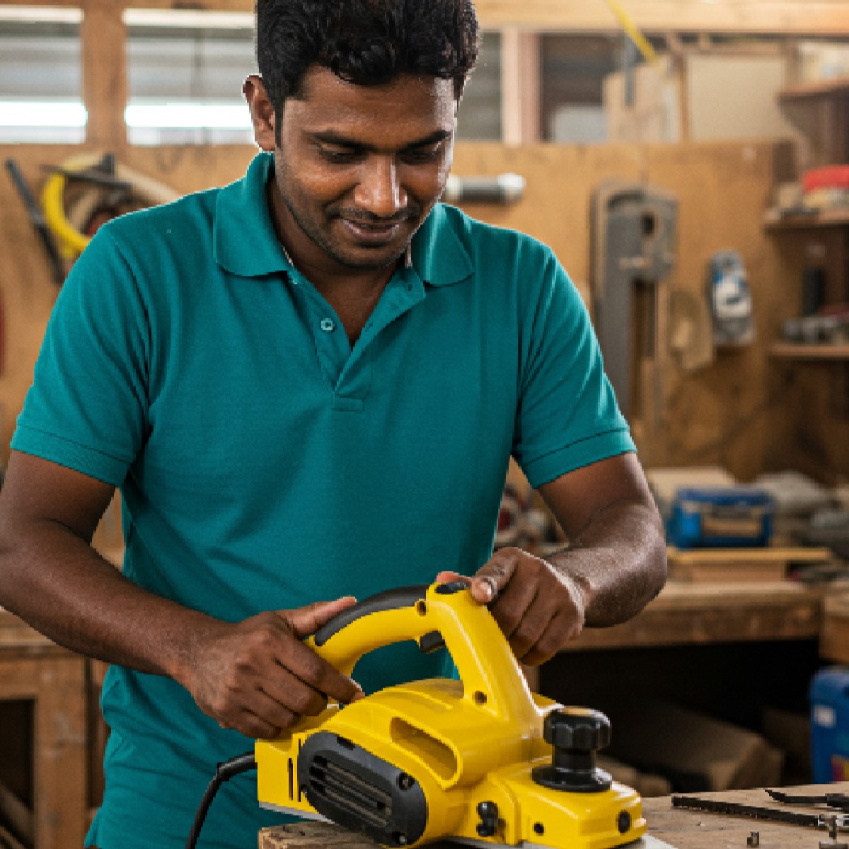 Man in teal polo shirt operating a yellow power planer on a wooden surface in a workshop.