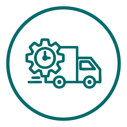 Truck icon with a gear and clock symbol indicating quick response or fast delivery.