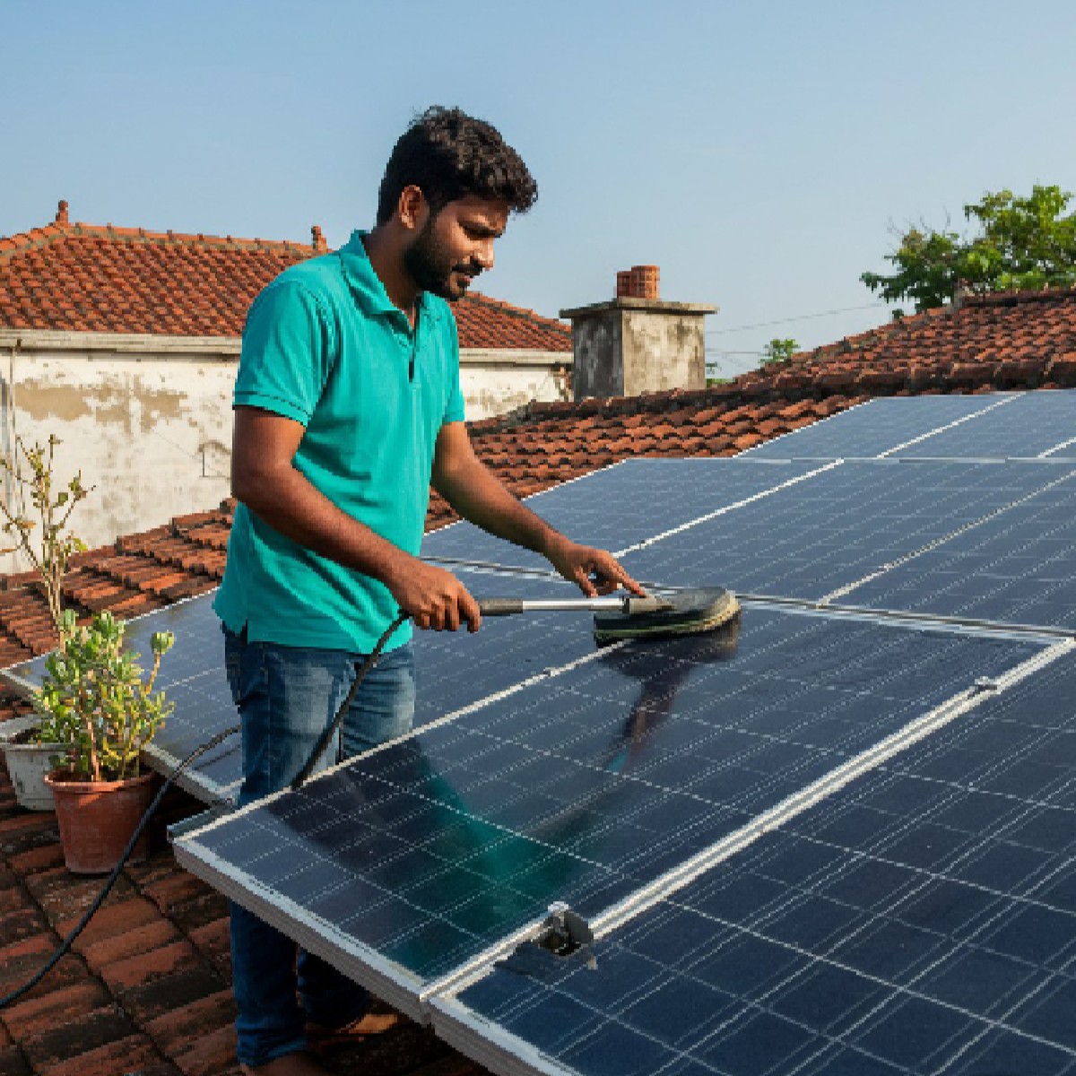Man cleaning solar panels on a rooftop using a brush with a water hose under a clear sky.