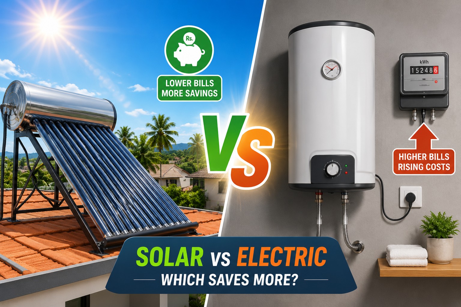 Side-by-side comparison of a solar hot water system and an electric geyser showing energy savings and running cost differences in Sri Lanka.