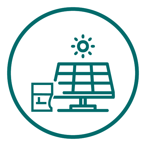 Icon of a solar panel with a sun above and a battery storage unit beside it inside a circle.