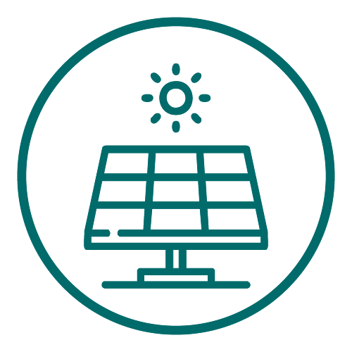 Icon of a solar panel with the sun shining above it inside a circular border.