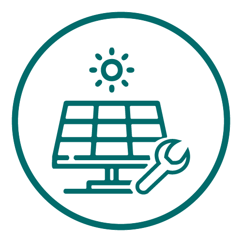Icon of a solar panel under a sun with a wrench indicating solar system maintenance.