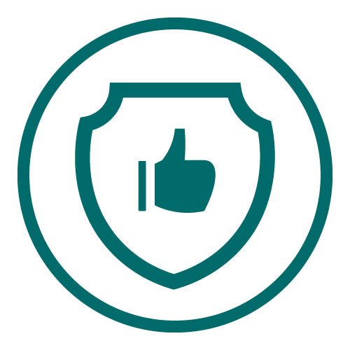 Shield emblem with a thumbs-up icon inside, symbolizing trust and reliability.