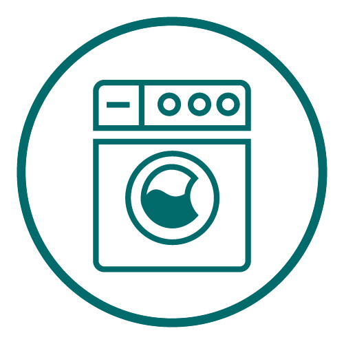Icon of a front-loading washing machine inside a circular border.