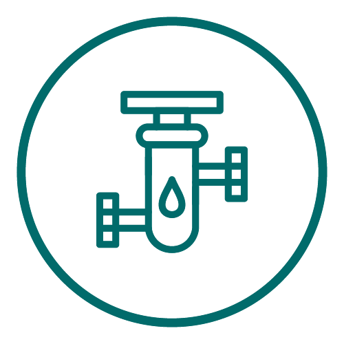 Icon of a water filter system with a droplet symbol inside a circular border.